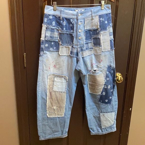 Free People Azalea Patchwork Blue Jeans size 29 Blue Daisy Bandanna - Picture 5 of 16